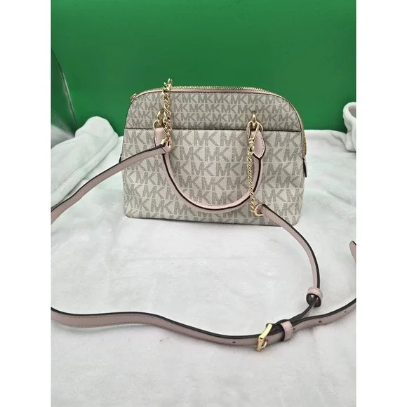 Michael Kors Med Saffiano Leather Dome Satchel Vanilla/Pink Crossbody - Picture 4 of 6